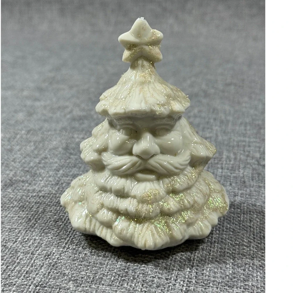Santa Claus Christmas Tree Figurine White Gold Glitter Ceramic Kitsch Holiday